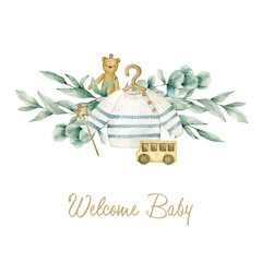 Watercolor illustration card welcome baby with eucalyptus bouquet, baby sweater, toys. Isolated on white background. Hand drawn clipart. Perfect for card, postcard, tags, invitation, printing. - obrazy, fototapety, plakaty