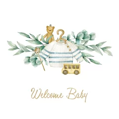 Fototapeten Watercolor illustration card welcome baby with eucalyptus bouquet, baby sweater, toys. Isolated on white background. Hand drawn clipart. Perfect for card, postcard, tags, invitation, printing. © Karina Martirosova
