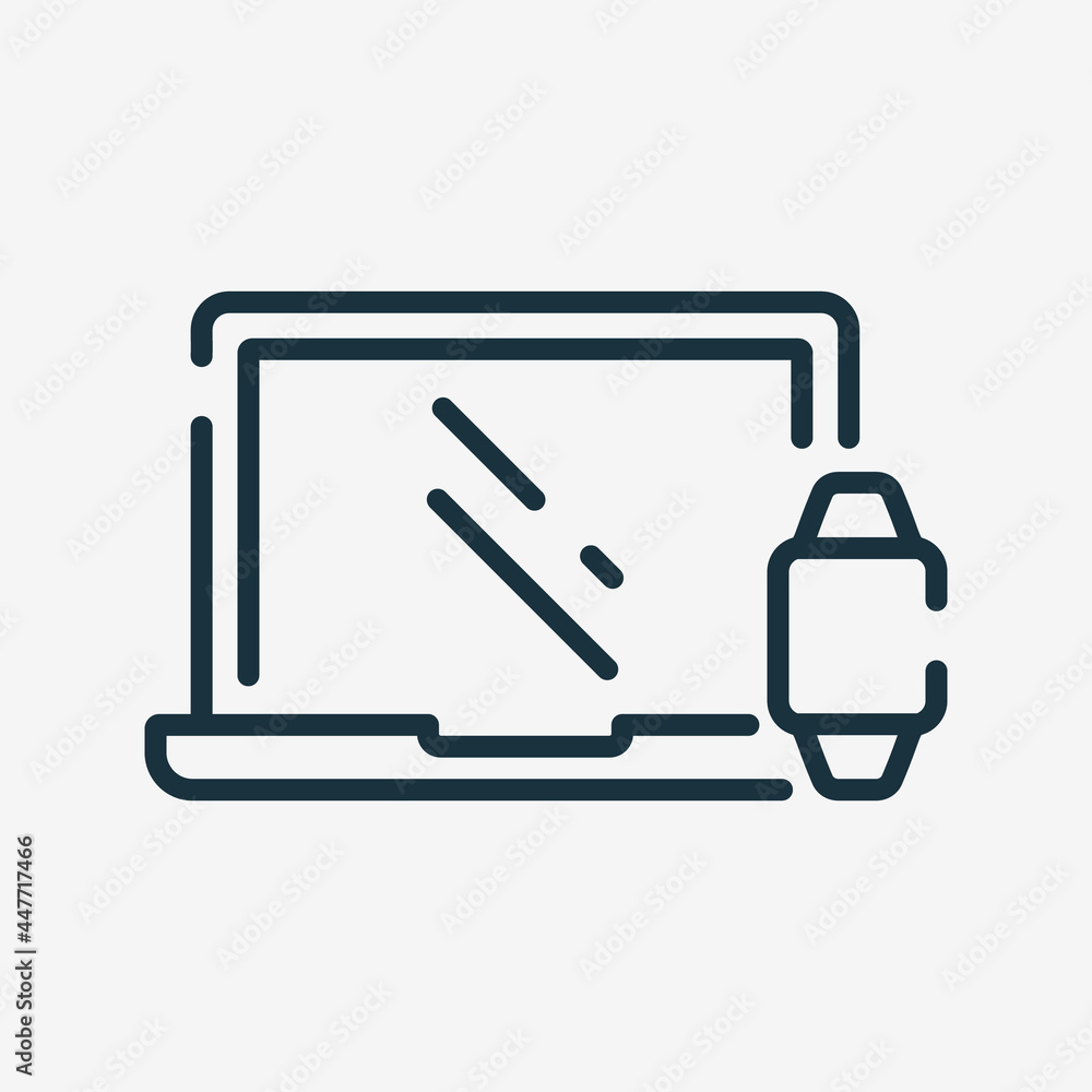 Poster smart watch and laptop line icon. connected or sync of devices linear pictogram. synchronization dig