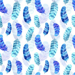 Seamless pattern watercolor feathers on white background