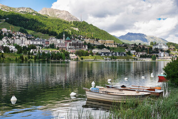 St. Moritz, high alpine resort town in the Engadine, Switzerland. Panorama townscape of Sankt Moritz with Lake St. Moritz in the Swiss canton of Graubünden, the Grisons.