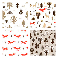 Set of scandinavian seamless patterns. Vector background with forest animals and trees. - 447717476