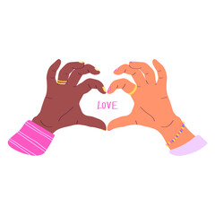Two hands of different nationalities show a heart gesture. Love. LGBT. Lesbians. Vector illustration in flat style