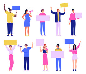 Group of young people are holding banners and placards. Men and women at the rally. Characters isolated on white background. Flat cartoon vector illustration