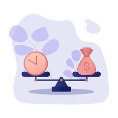 pink money bag and clock on blue scales on an abstract lilac background with eucalyptus leaves. The concept of savings, retirement savings, investment, trading, bank.