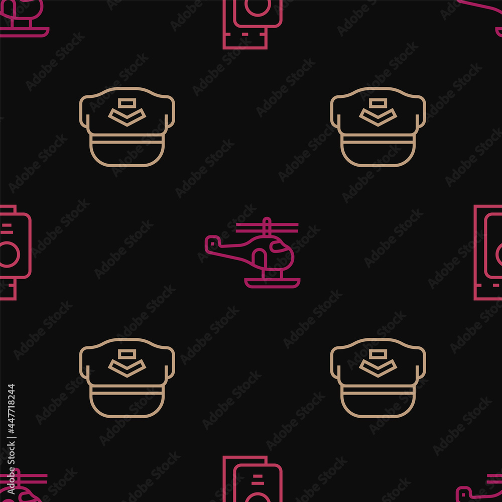 Poster set line passport with ticket, pilot hat and helicopter on seamless pattern. vector