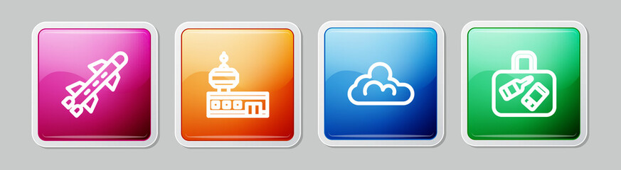 Set line Rocket, Airport control tower, Cloud weather and Suitcase. Colorful square button. Vector