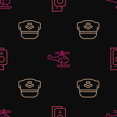 Set line Passport with ticket, Pilot hat and Helicopter on seamless pattern. Vector