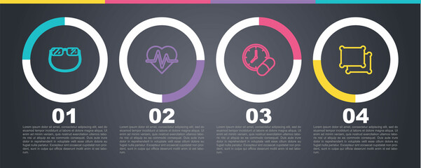 Set line Eyeglasses, Heart rate, Medicine pill or tablet and Pillow. Business infographic template. Vector