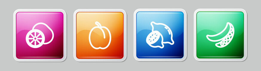Set line Kiwi fruit, Plum, Lemon and Green peas. Colorful square button. Vector