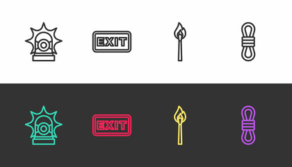Set line Flasher siren, Fire exit, Burning match with fire and Climber rope on black and white. Vector