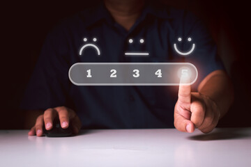 businessman and customer service finger using point five number Evaluation,feedback review...