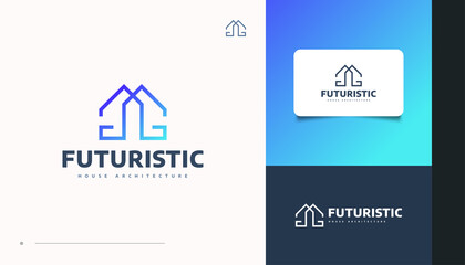 Obraz premium Futuristic Blue Real Estate Logo Design with Line Style. Construction, Architecture or Building Logo Design