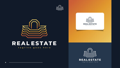 Naklejka premium Luxury Gold Real Estate Logo Design with Line Style. Construction, Architecture or Building Logo Design