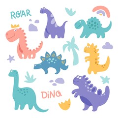 Funny cute dinosaurus clipart with rainbow, palm tree, stone, branch isolated on white background. Vector flat illustration. Design for childish textile, fabric, birthday party, nursery, poster