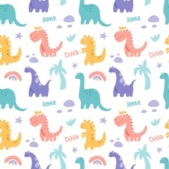 Dinosaurus cute  seamless pattern with rainbow, palm tree, stone, branch isolated on white background. Vector flat illustration. Design for childish textile, fabric, wallpaper, wrapping