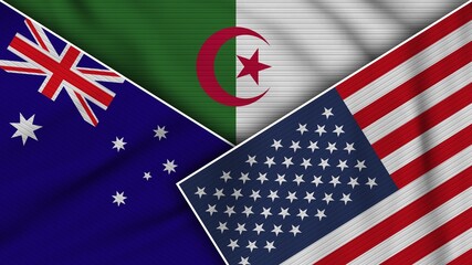 Algeria United States of America Australia Flags Together Fabric Texture Effect Illustration