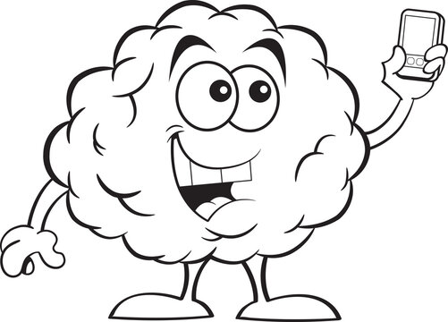 Black and white illustration of a smiling brain taking a picture with a cell phone.