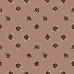 Geometric style botany seamless pattern with small chamomile flowers silhouettes. Pale pink background.