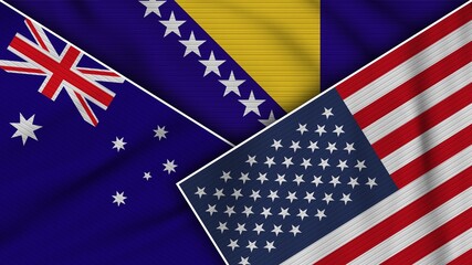 Bosnia and Herzegovina United States of America Australia Flags Together Fabric Texture Effect Illustration