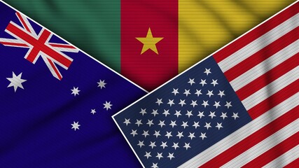 Cameroon United States of America Australia Flags Together Fabric Texture Effect Illustration