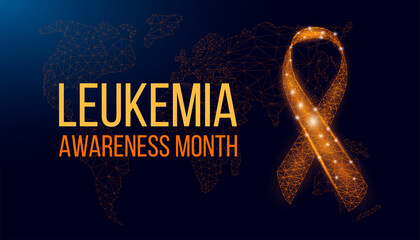 Leukemia awareness month concept. Banner template with glowing low poly orange ribbon. Wireframe modern abstract background. Vector illustration.