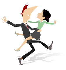Fototapeta na wymiar Funny dancing young couple isolated. Romantic dancing man and woman cartoon illustration 