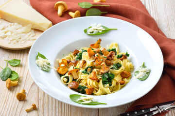 Tagliatelle mit frischen Rahm-Pfifferlingen, jungem Blattspinat und Parmesan serviert – Delicious Italian pasta with fresh chanterelles, young spinach and cheese served 