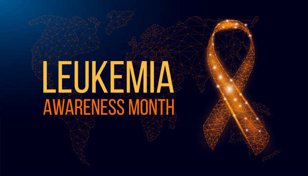 Leukemia awareness month concept. Banner template with glowing low poly orange ribbon. Wireframe modern abstract background. Vector illustration.
