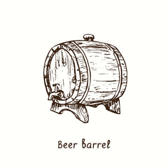 Beer barrel side view with tap. Ink black and white doodle drawing in woodcut style.