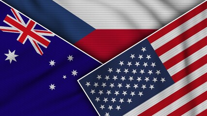 Fototapeta na wymiar Czech Republic United States of America Australia Flags Together Fabric Texture Effect Illustration