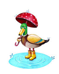 Duck in the rain with a red umbrella. Illustration. Gouache. Bird. Yellow rubber boots. Design. Art. Postcard. Cute. Beautiful. Season. Nature. Autumn. Summer. Print. Puddle.