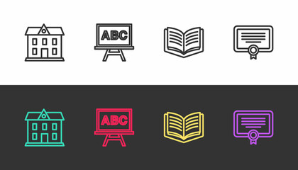 Set line School building, Chalkboard, Open book and Certificate template on black and white. Vector