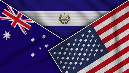 Fototapeta na wymiar El Salvador United States of America Australia Flags Together Fabric Texture Effect Illustration