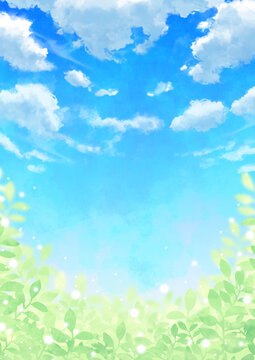 青空と雲と輝く葉っぱ