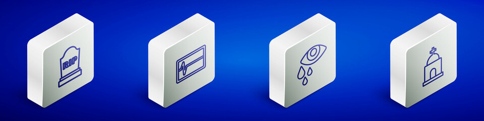 Set Isometric line Tombstone with RIP written, Beat dead in monitor, Tear cry eye and Old crypt icon. Vector