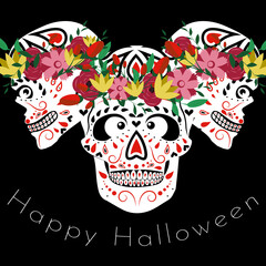 Halloween greeting card with skulls in wreaths