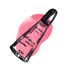 Lip gloss on pink watercolor blotch. Cosmetic and makeup products. The illustration is drawn with a marker and watercolors in a trendy style.