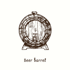 Beer barrel front view with tap. Ink black and white doodle drawing in woodcut style.