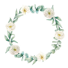 Watercolor illustration card with eucalyptus wreath, ranunculus and orchid. Isolated on white background. Hand drawn clipart. Perfect for card, postcard, tags, invitation, printing, wrapping.