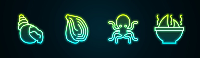 Set line Scallop sea shell, Mussel, Octopus and Shark fin soup. Glowing neon icon. Vector