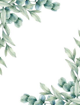 Watercolor illustration frame with leaves of eucalyptus. Hand drawn clipart isolated on white background.  Perfect for card, invitation, baby shower, tags, printing, business cards, wedding.
