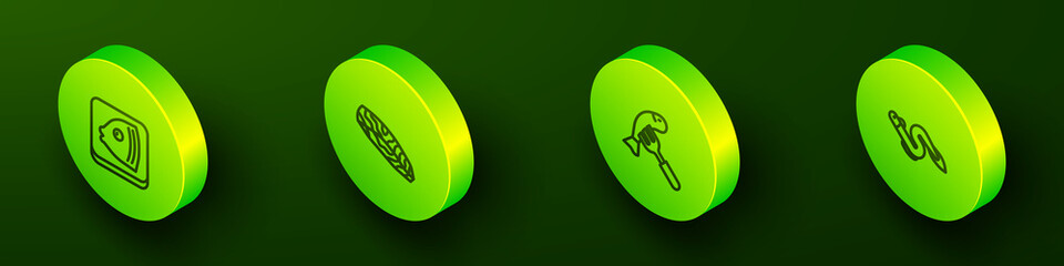 Set Isometric line Fish head, steak, Served fish on plate and Eel icon. Vector