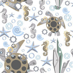 Materiał do szycia Seamless pattern of abstract sea horses, turtles, starfish, shell, seaweed, gear wheels. Fantastic mechanical metal sea creatures. Steampunk style. Flat cartoon design.