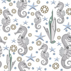 Materiał do szycia Seamless pattern of abstract sea horses, starfish, seaweed, disks and nails. Fantastic mechanical metal sea creatures. Steampunk style. Flat cartoon design.