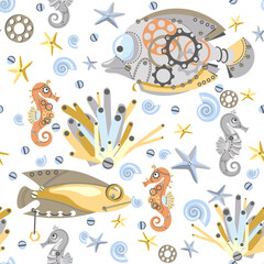 Seamless pattern of abstract fish, sea horses, starfish, shell, seaweed, wheels and nails. Fantastic mechanical metal sea creatures. Steampunk style. Flat cartoon design.