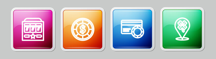 Set line Slot machine with jackpot, Casino chips, Credit card and slot clover. Colorful square button. Vector