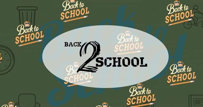 Animation of back 2 school text over school items icons on green background