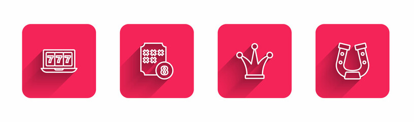 Set line Online slot machine with jackpot, Lottery ball on bingo card, Joker playing and Horseshoe with long shadow. Red square button. Vector