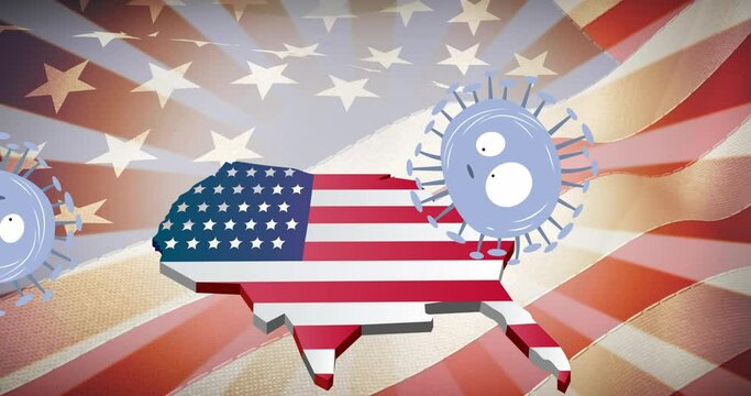 Animation of coronavirus cells over usa map coloured with american flag